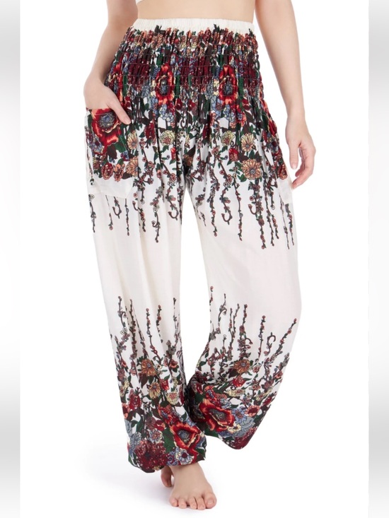 Pants - Bohemian Floral Smocked Waist Wide-Leg Pants - White/Red sz S